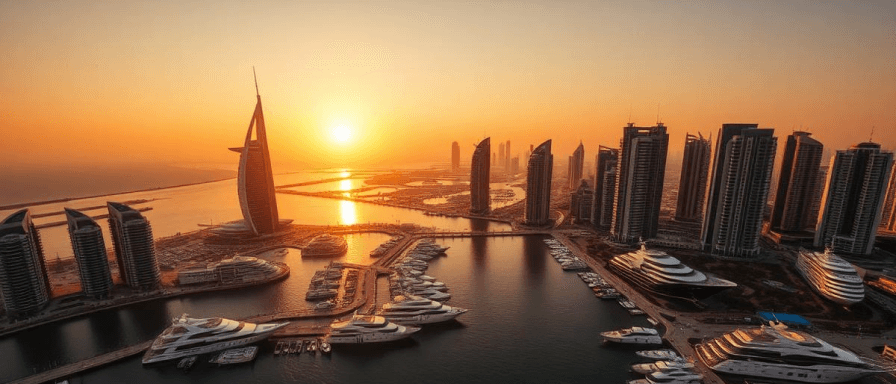 Dubai Marina skyline with luxury yachts